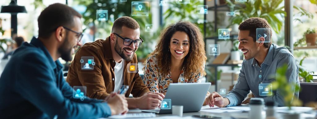 Équipe collaborative discutant d'innovations en milieu de travail.