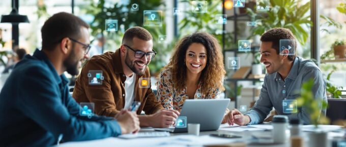 Équipe collaborative discutant d'innovations en milieu de travail.