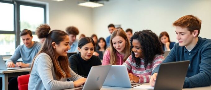 Salle de classe avec étudiants utilisant des ordinateurs portables.