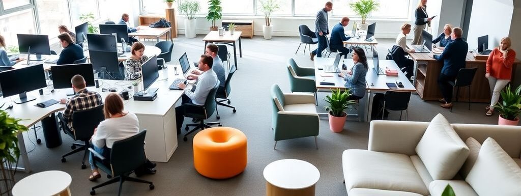 Bureau moderne avec espaces de travail flexibles.