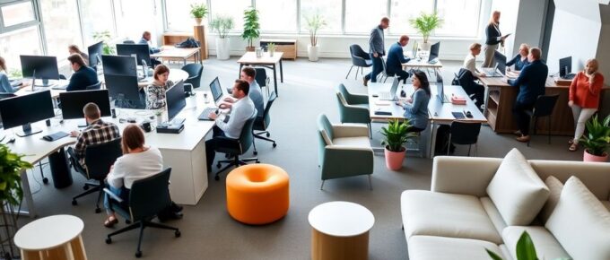 Bureau moderne avec espaces de travail flexibles.