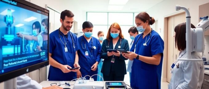 Professionnels de santé collaborant avec des technologies innovantes.