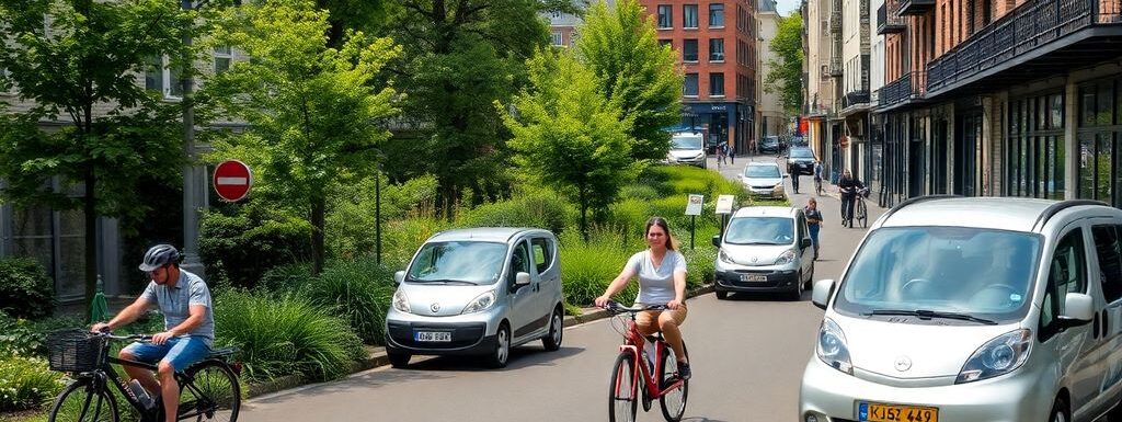 Scène urbaine belge avec vélos et véhicules électriques.