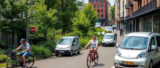 Scène urbaine belge avec vélos et véhicules électriques.