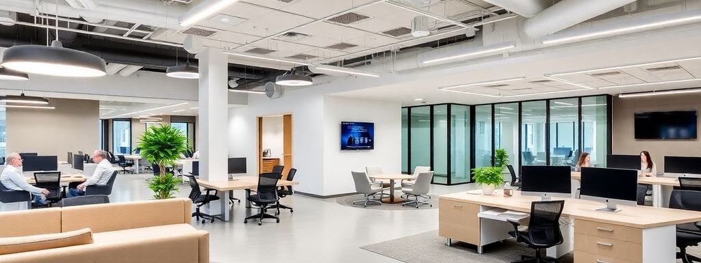 Bureau moderne avec mobilier élégant et technologie avancée.