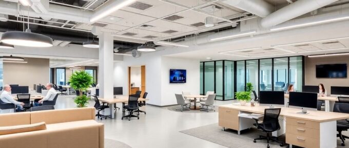 Bureau moderne avec mobilier élégant et technologie avancée.