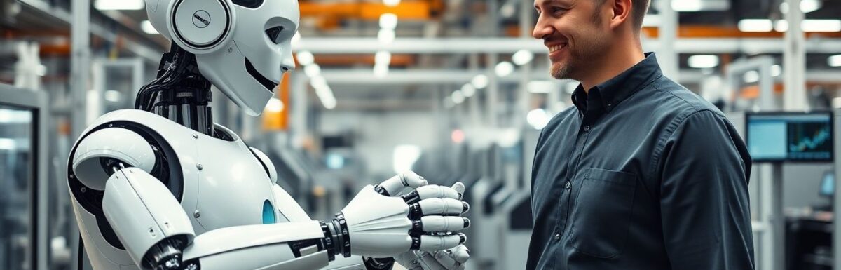 Robot et humain travaillant ensemble dans une usine.