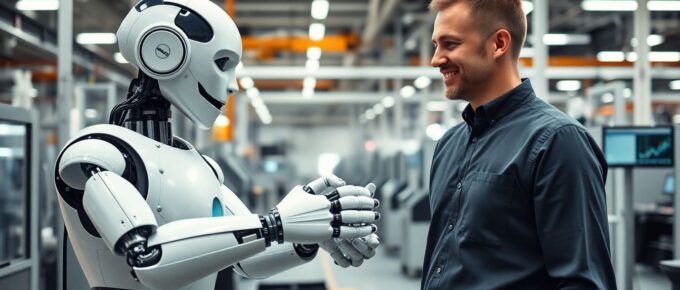 Robot et humain travaillant ensemble dans une usine.
