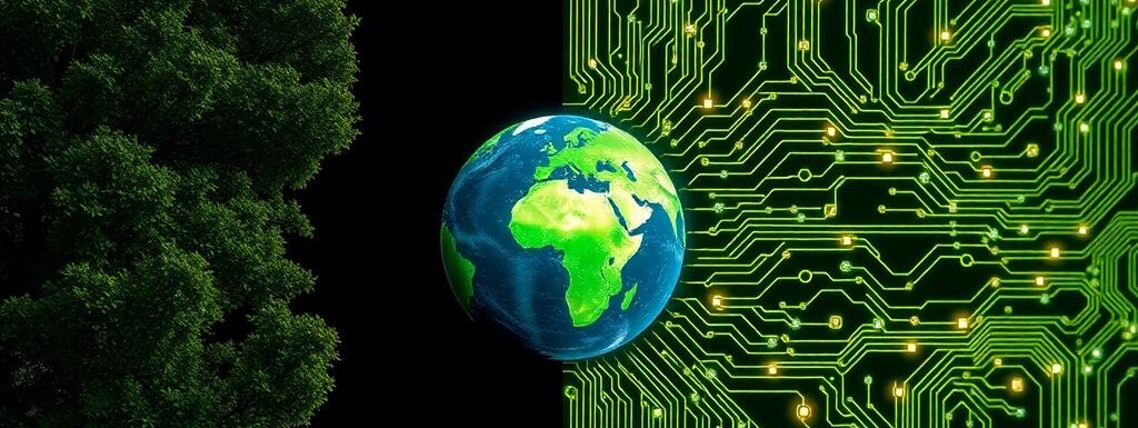 Planète terre entre arbres et circuits numériques