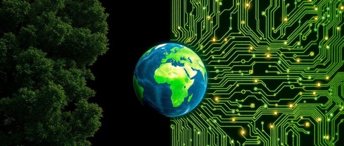 Planète terre entre arbres et circuits numériques