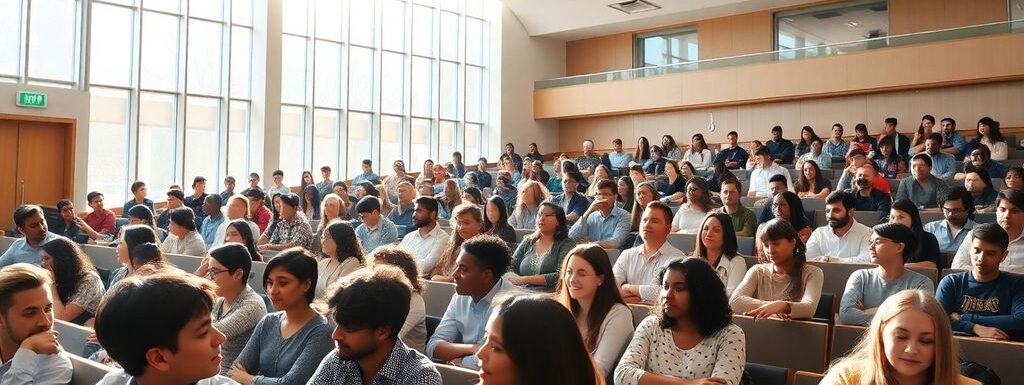 Étudiants souriants dans un amphithéâtre moderne.