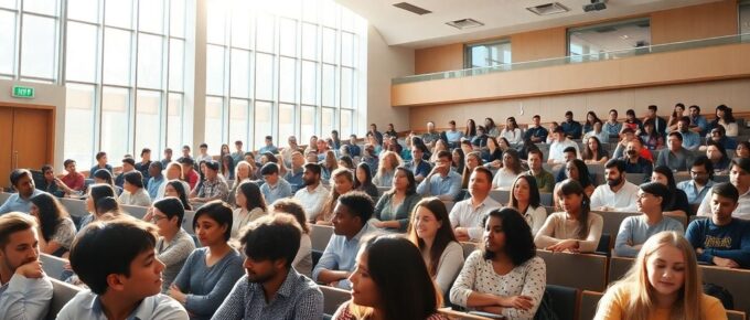 Étudiants souriants dans un amphithéâtre moderne.