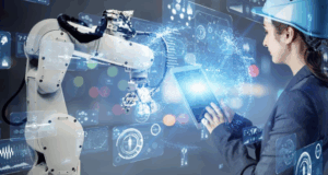 Main humaine touchant un bras robotique, symbolisant l'Industrie 5.0.