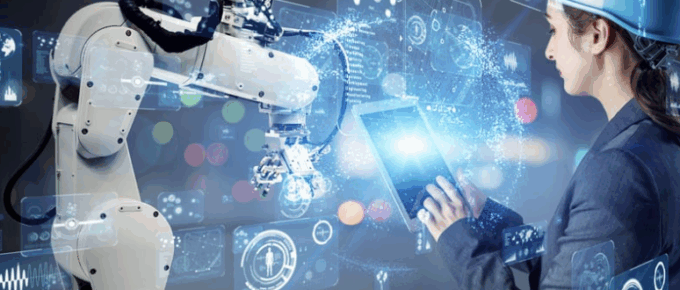Main humaine touchant un bras robotique, symbolisant l'Industrie 5.0.