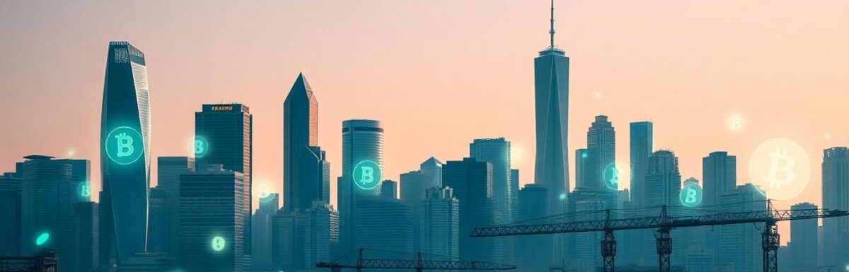 Ville moderne et bâtiments industriels avec effets blockchain digitaux.