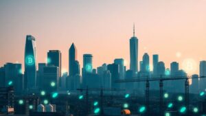 Ville moderne et bâtiments industriels avec effets blockchain digitaux.