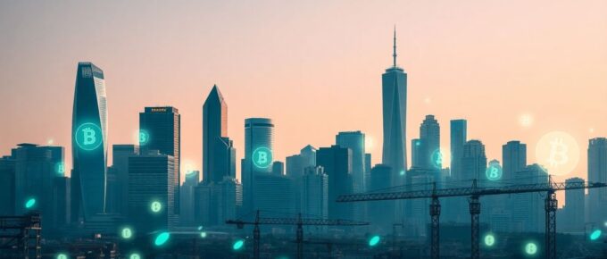 Ville moderne et bâtiments industriels avec effets blockchain digitaux.
