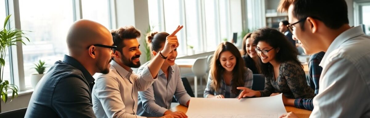Employés collaborant sur une idée innovante dans un bureau.