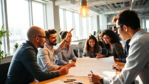Employés collaborant sur une idée innovante dans un bureau.