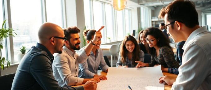 Employés collaborant sur une idée innovante dans un bureau.