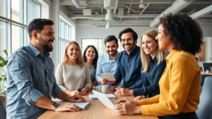 Groupe diversifié de professionnels travaillant ensemble dans un bureau moderne.