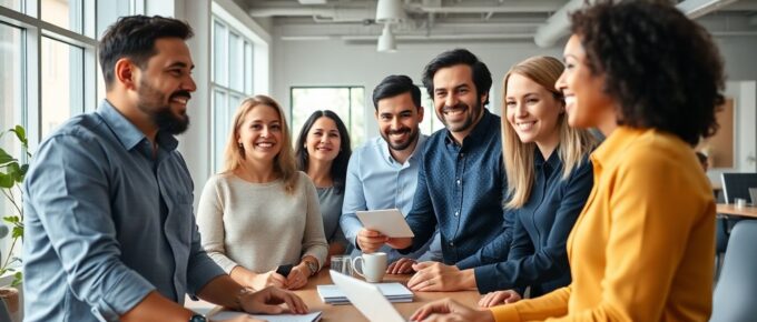 Groupe diversifié de professionnels travaillant ensemble dans un bureau moderne.