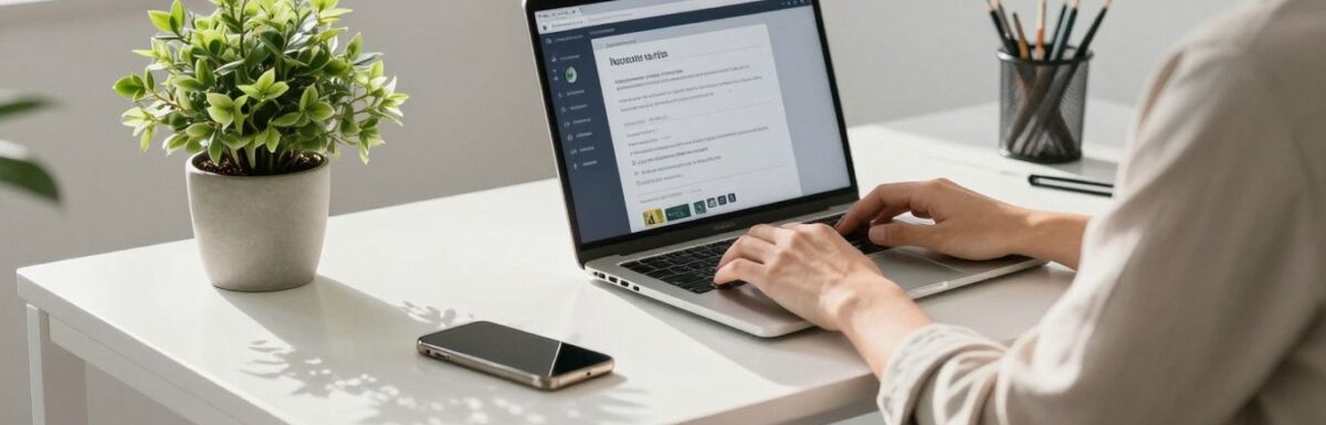 Personne travaillant sur un ordinateur portable dans un bureau moderne.