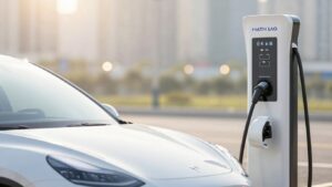 Voiture électrique moderne en charge, design futuriste.