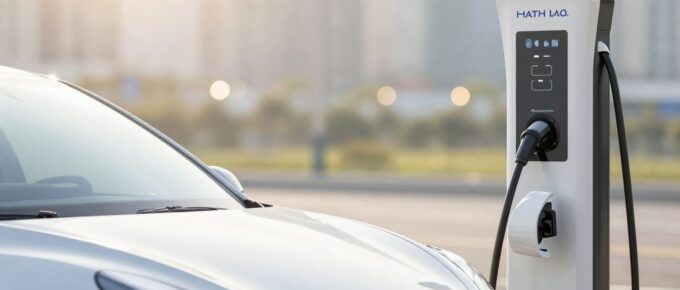 Voiture électrique moderne en charge, design futuriste.