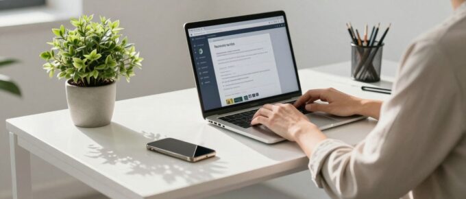 Personne travaillant sur un ordinateur portable dans un bureau moderne.