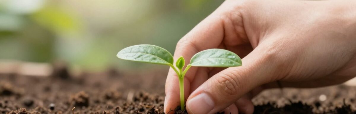 Main verte plantant une jeune pousse verte dans la terre.