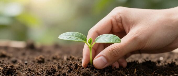 Main verte plantant une jeune pousse verte dans la terre.