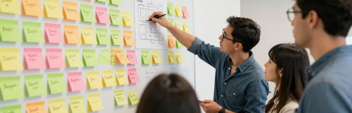 Équipe travaillant sur l'innovation agile avec Scrum et Lean.