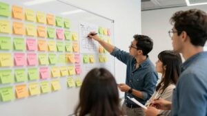 Équipe travaillant sur l'innovation agile avec Scrum et Lean.