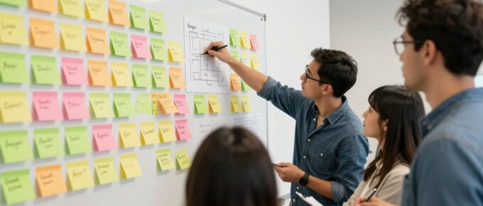 Équipe travaillant sur l'innovation agile avec Scrum et Lean.