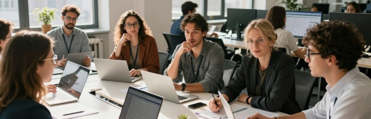 Entrepreneurs belges dans un espace de travail moderne et innovant.
