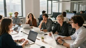 Entrepreneurs belges dans un espace de travail moderne et innovant.