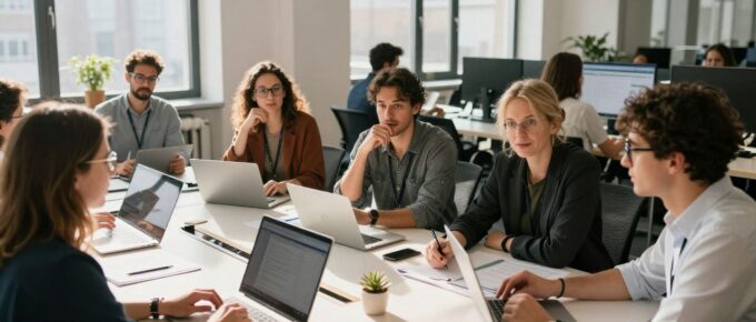 Entrepreneurs belges dans un espace de travail moderne et innovant.